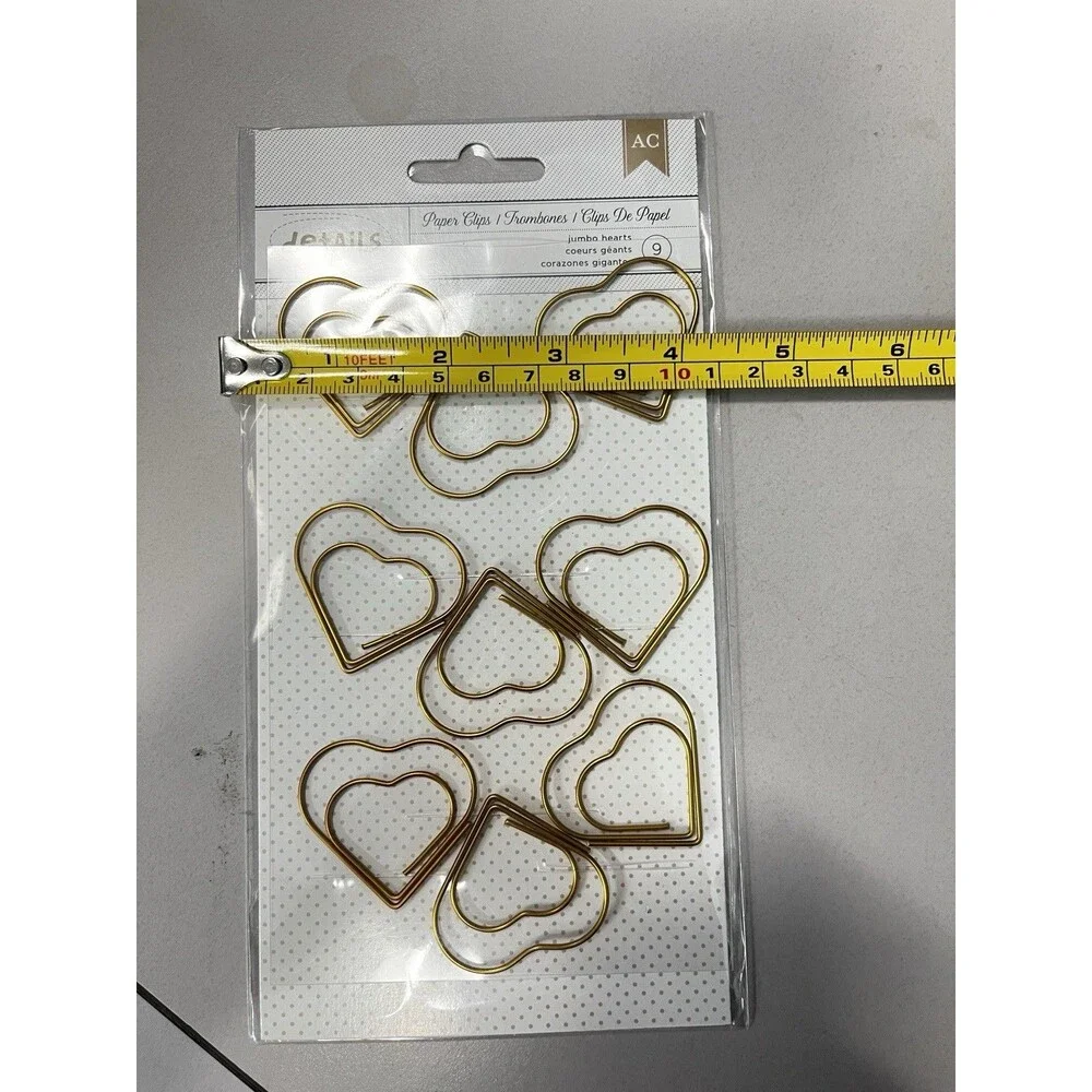 American Crafts Details 9PC Jumbo Gold Color Heart Shaped Paper Clips For Crafts